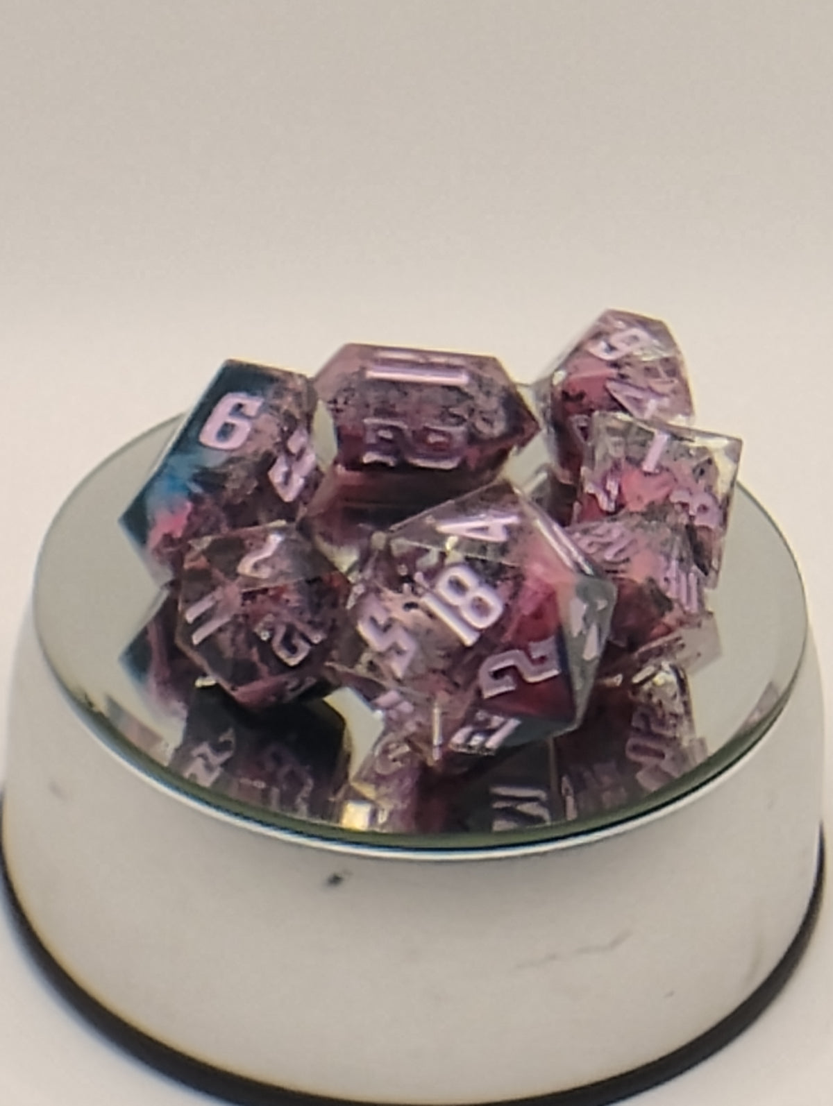 Atomic Purple Petrie | Luxury Black & Pink Handmade D&D Dice Set with Purple Ink | Artisan TTRPG Dice