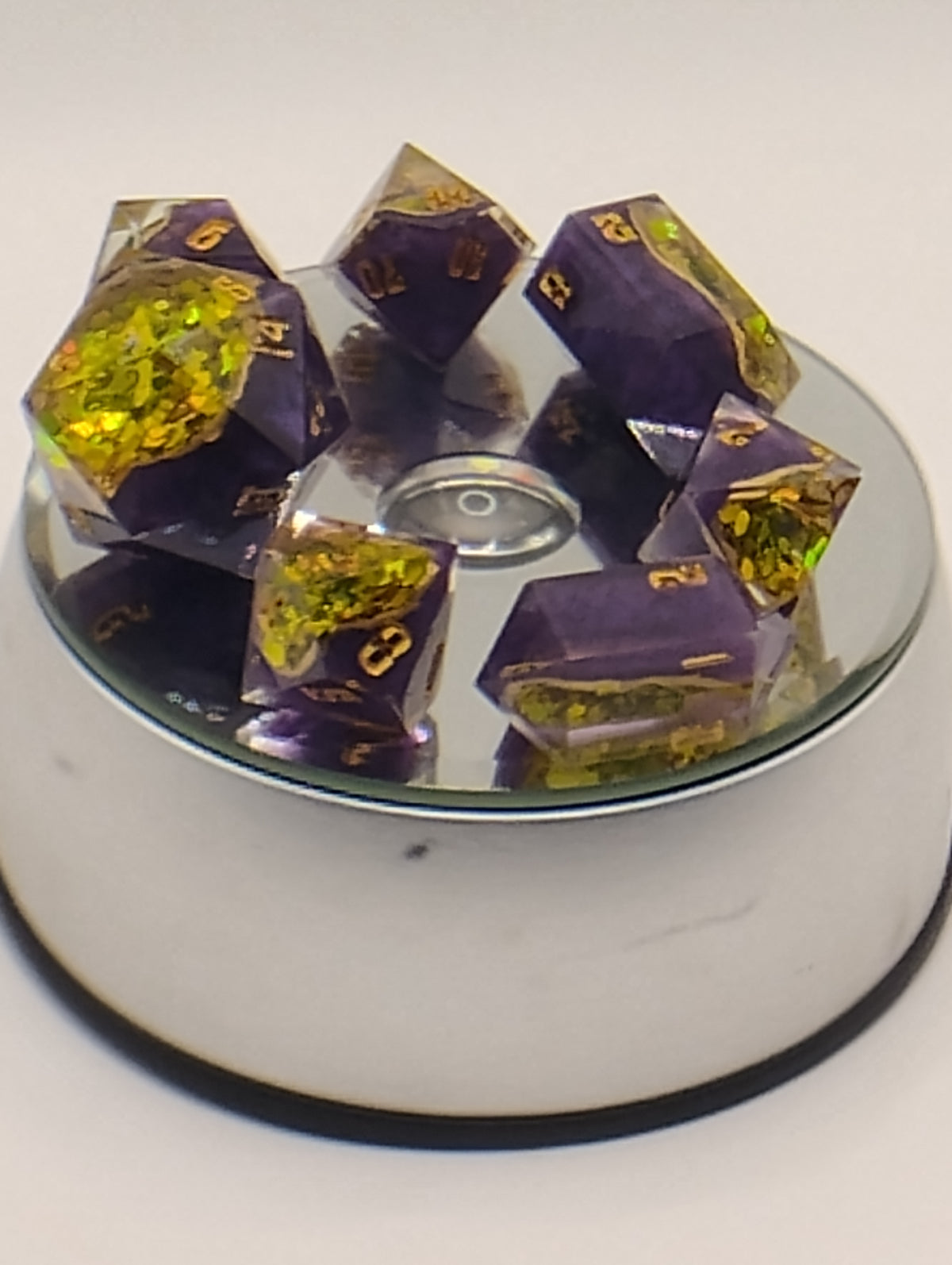 7 Carat Natural Green Sapphire Geode Dice Set | Handmade Purple & Gold Luxury D&D Dice | Real Sapphire TTRPG Dice