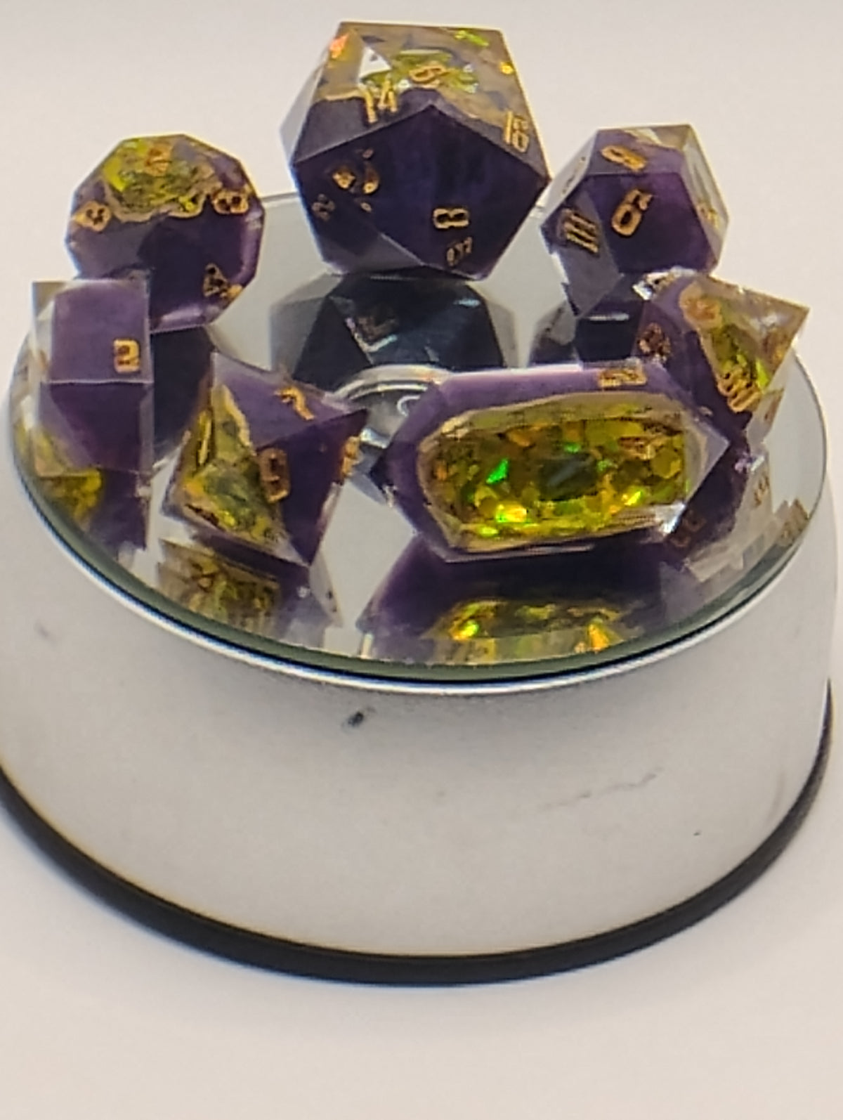 7 Carat Natural Green Sapphire Geode Dice Set | Handmade Purple & Gold Luxury D&D Dice | Real Sapphire TTRPG Dice