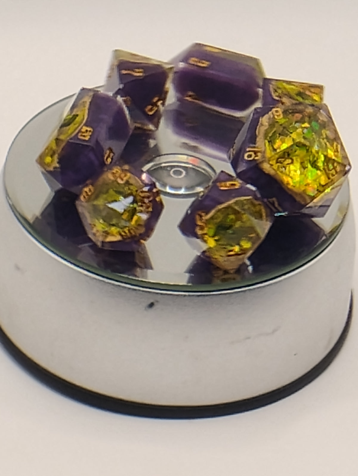 7 Carat Natural Green Sapphire Geode Dice Set | Handmade Purple & Gold Luxury D&D Dice | Real Sapphire TTRPG Dice