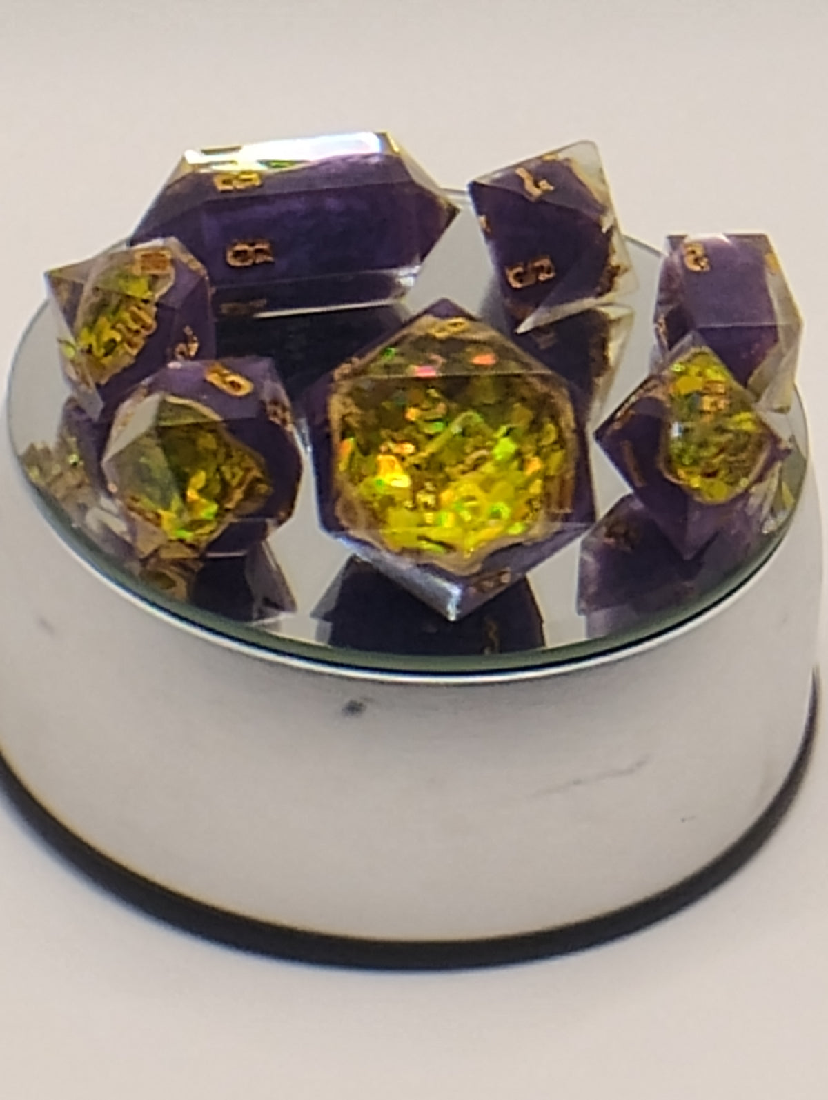 7 Carat Natural Green Sapphire Geode Dice Set | Handmade Purple & Gold Luxury D&D Dice | Real Sapphire TTRPG Dice