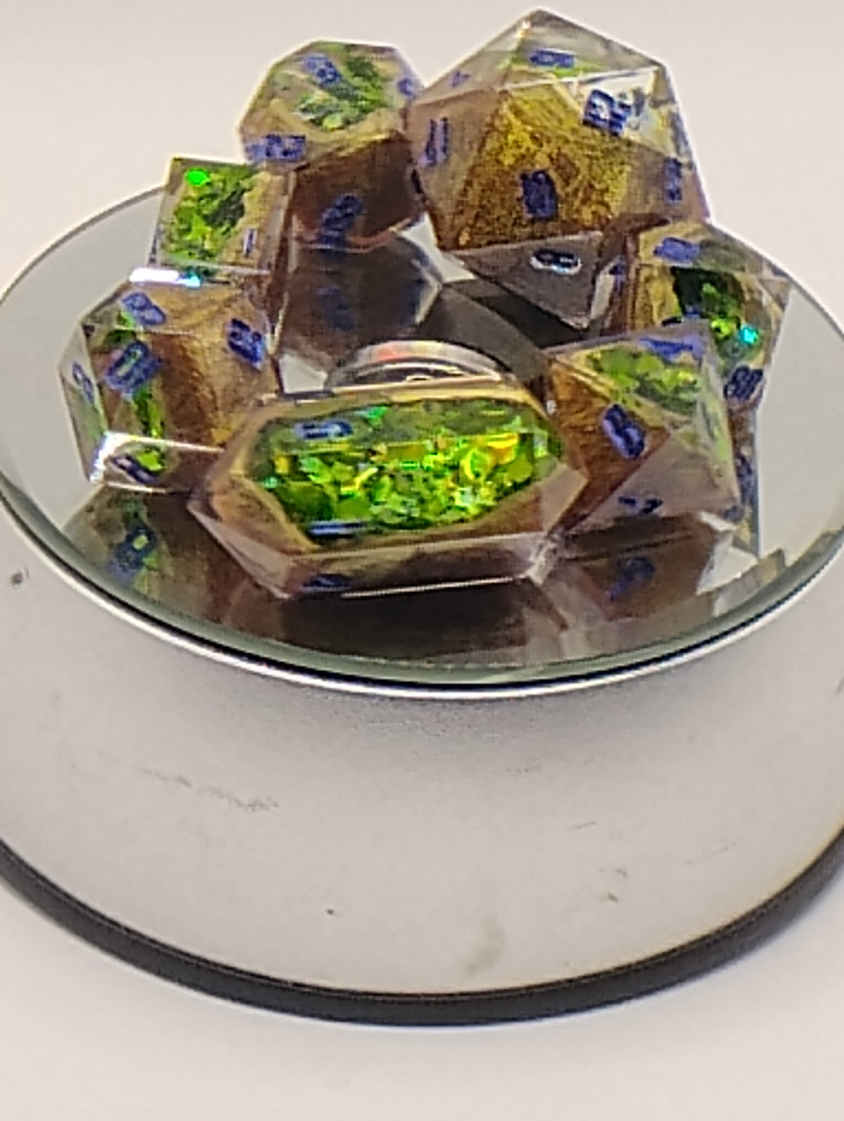100 Natural Blue Sapphires Geode Dice Set | Handmade Gold & Green Luxury D&D Dice | Blue Ink TTRPG Geode Dice