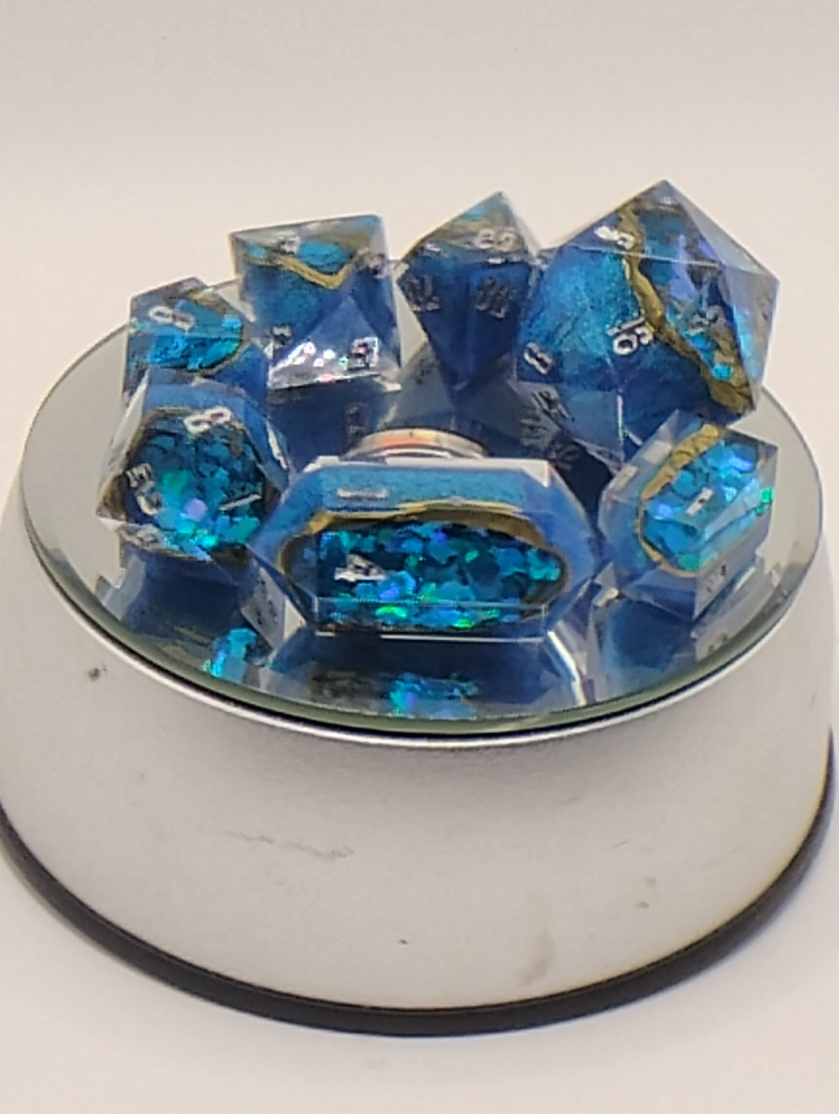 2 Carat Natural Sapphire Geode D&D Dice Set | Handmade Blue and Teal Luxury TTRPG Dice | Silver Ink Dice