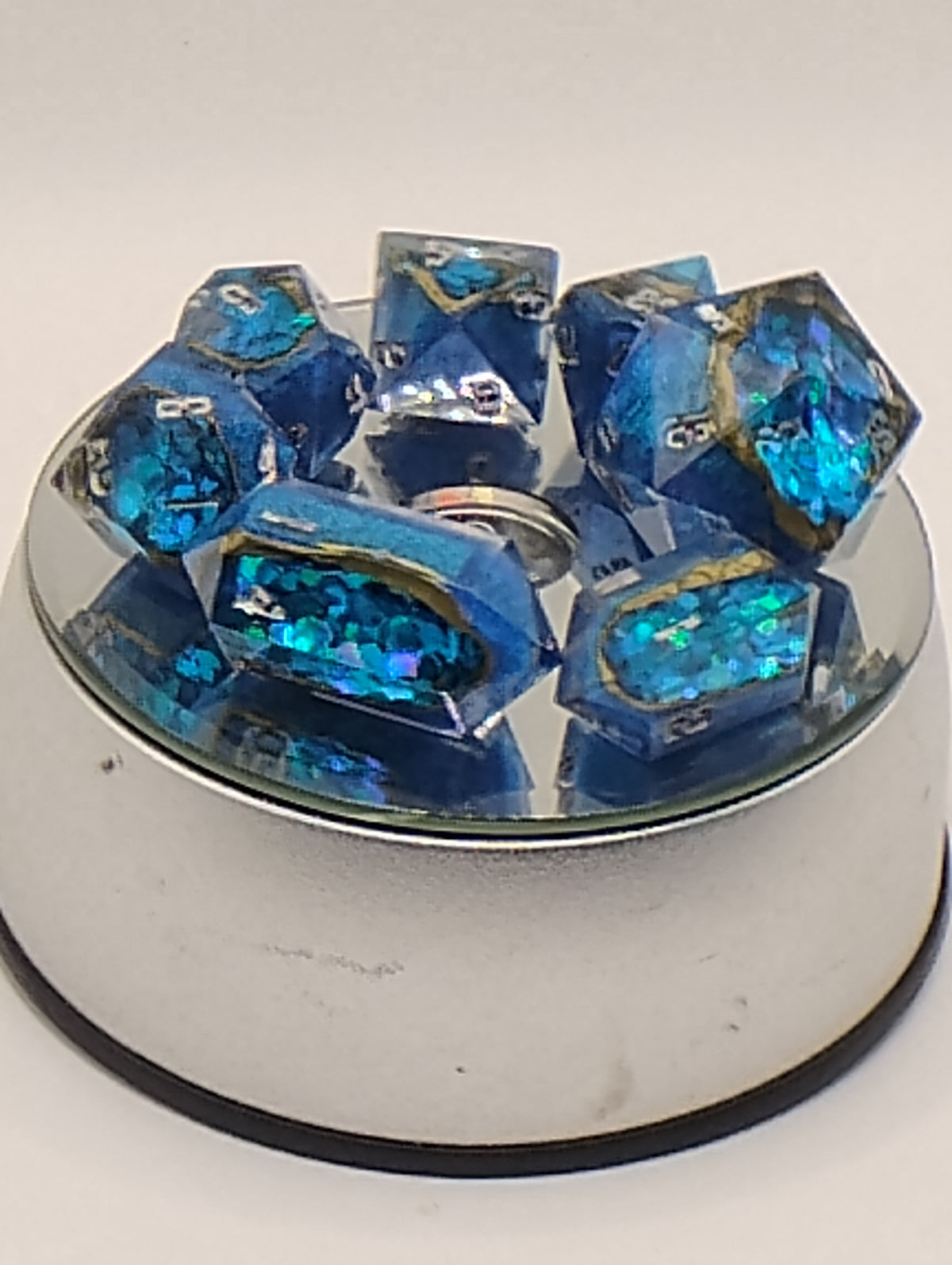 2 Carat Natural Sapphire Geode D&D Dice Set | Handmade Blue and Teal Luxury TTRPG Dice | Silver Ink Dice