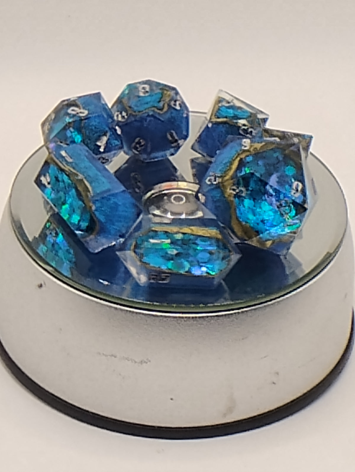 2 Carat Natural Sapphire Geode D&D Dice Set | Handmade Blue and Teal Luxury TTRPG Dice | Silver Ink Dice