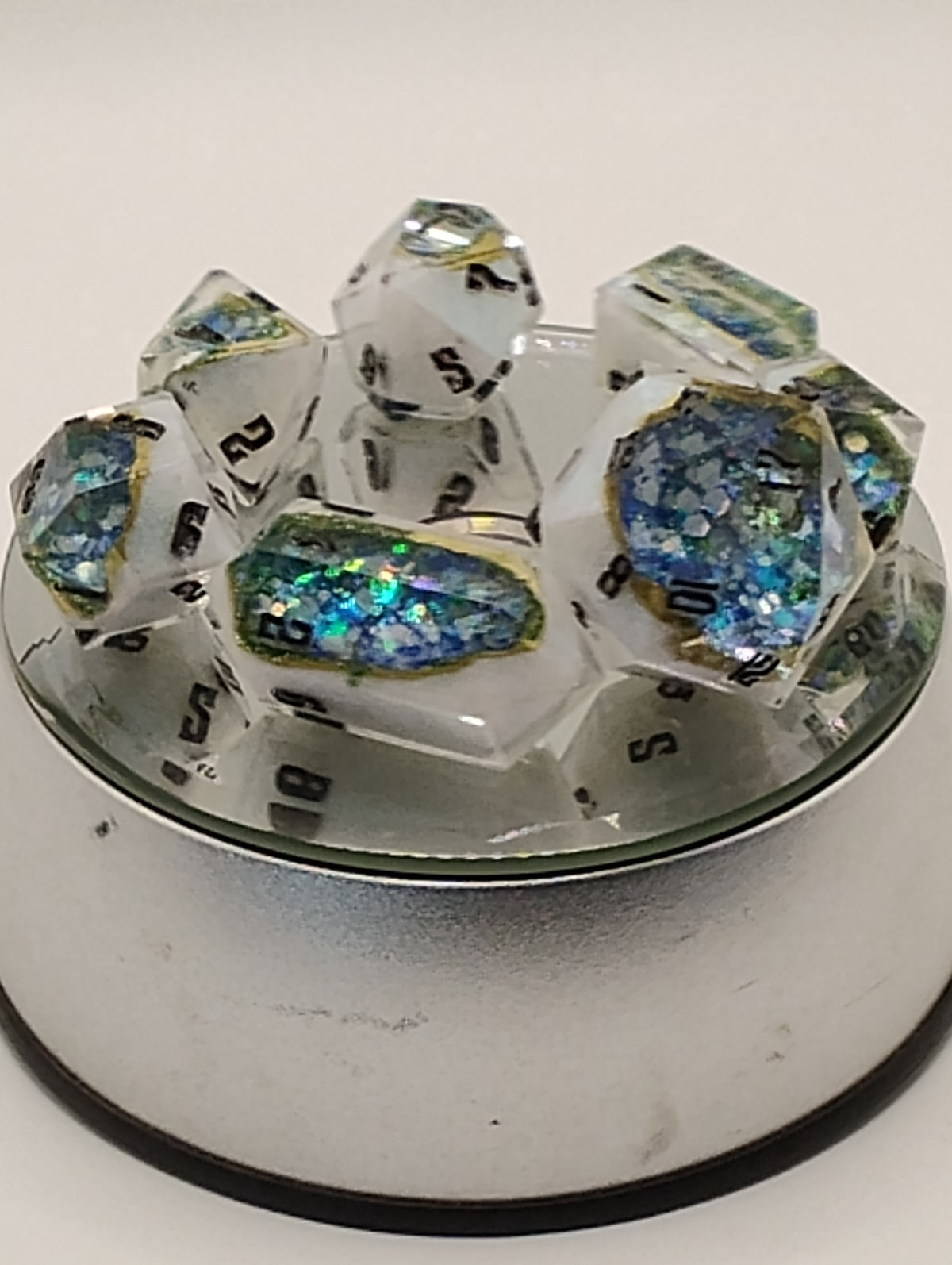 1 Carat Green WSL Moissanite Geodes | Handmade Blue & White Geode D&D Dice | Black Ink Luxury TTRPG Dice