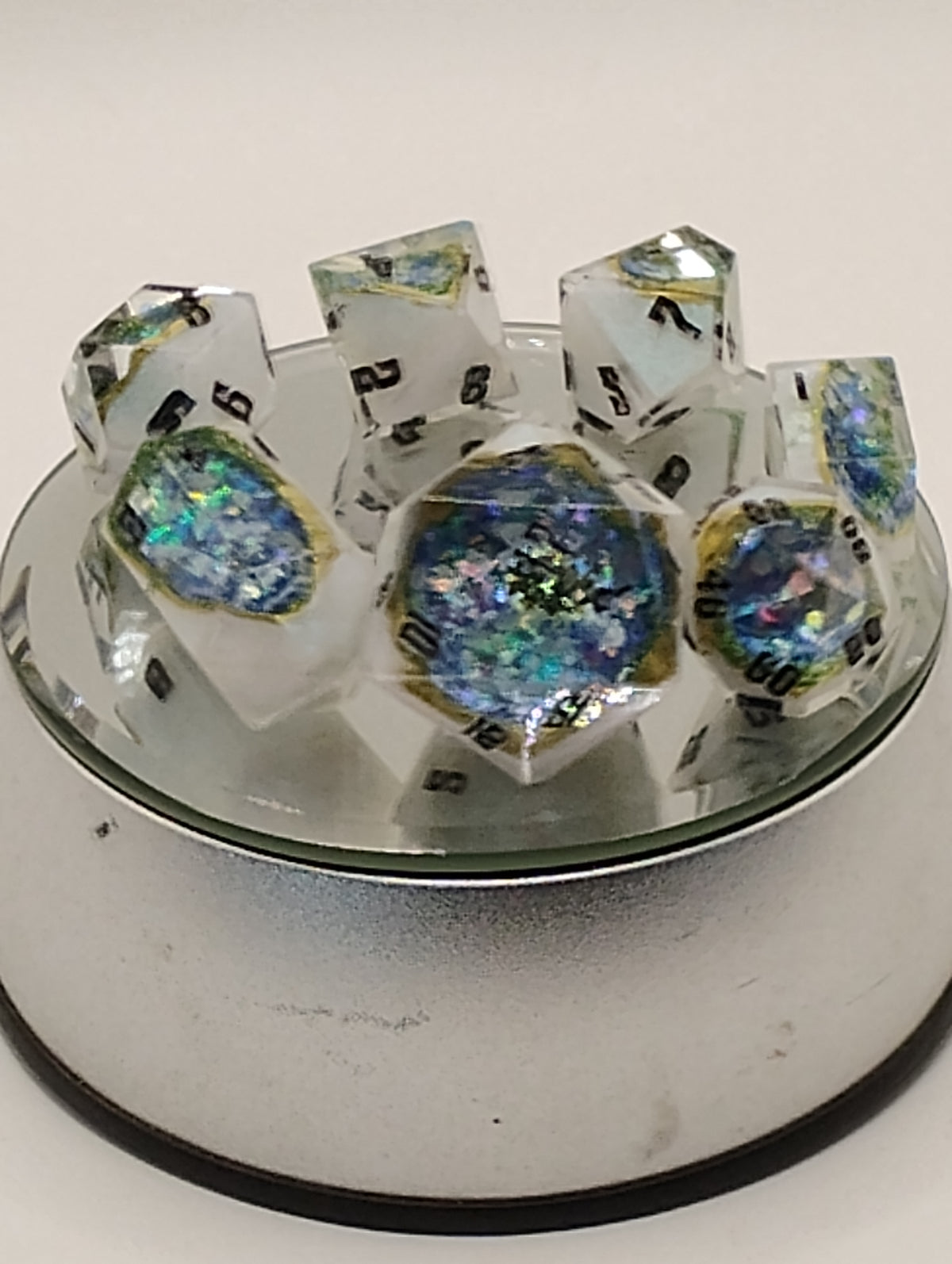 1 Carat Green WSL Moissanite Geodes | Handmade Blue & White Geode D&D Dice | Black Ink Luxury TTRPG Dice
