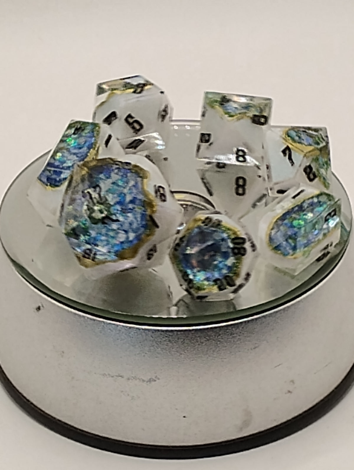 1 Carat Green WSL Moissanite Geodes | Handmade Blue & White Geode D&D Dice | Black Ink Luxury TTRPG Dice