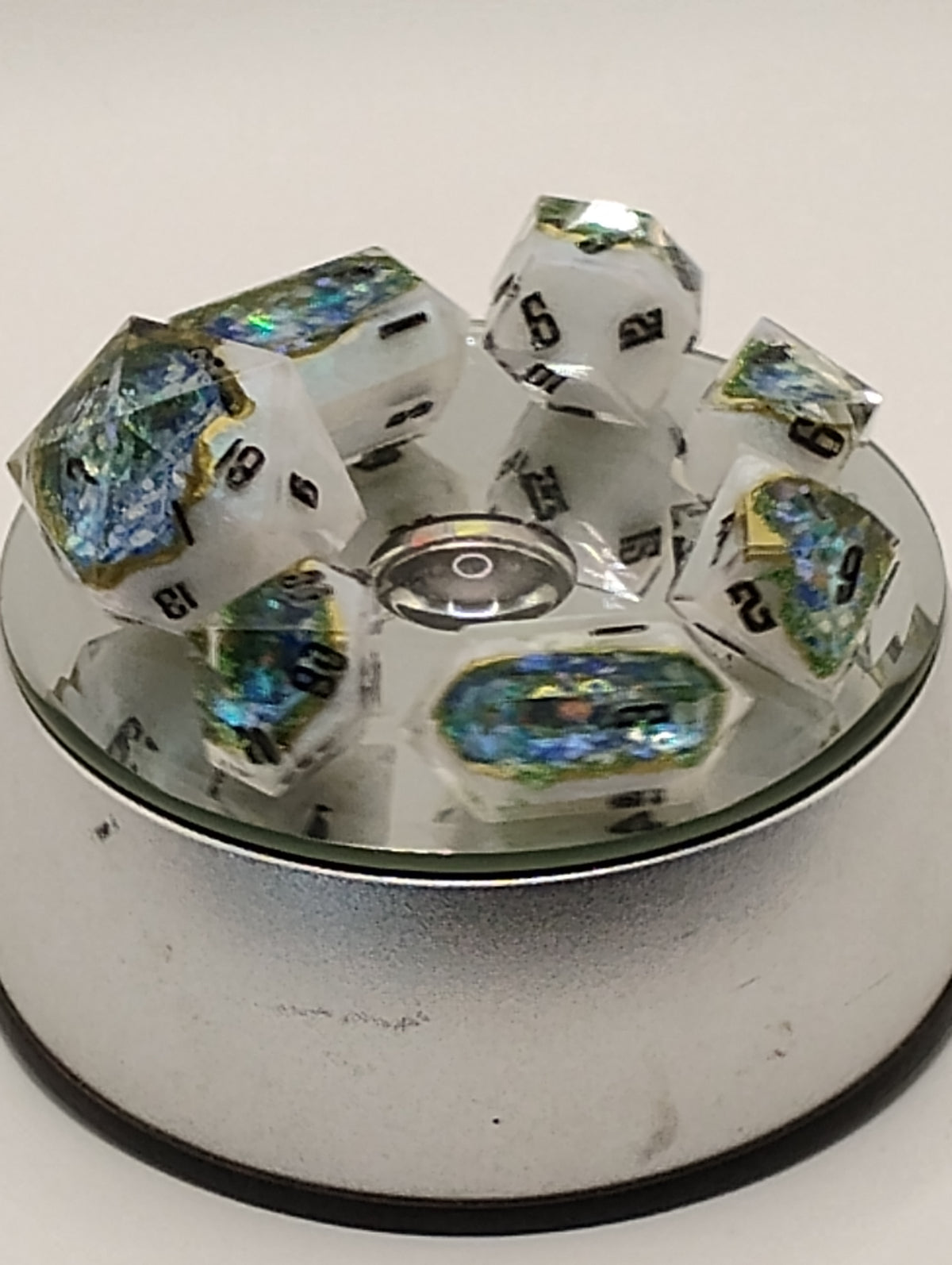 1 Carat Green WSL Moissanite Geodes | Handmade Blue & White Geode D&D Dice | Black Ink Luxury TTRPG Dice