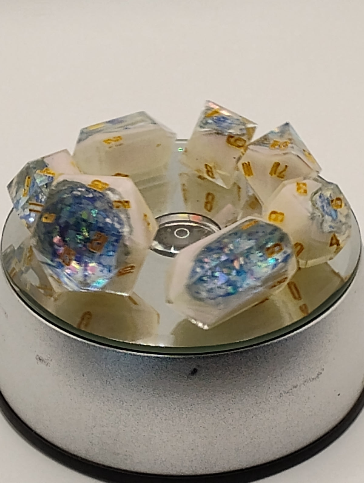Frozen Geodes | Luxury White & Blue Handmade Geode D&D Dice Set | Gold Ink TTRPG Dice | Artisan Dungeons & Dragons Dice