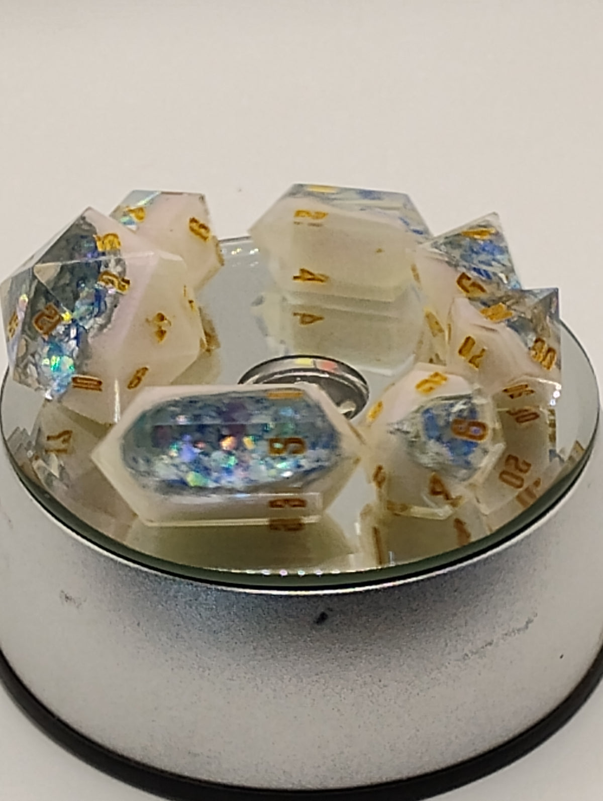Frozen Geodes | Luxury White & Blue Handmade Geode D&D Dice Set | Gold Ink TTRPG Dice | Artisan Dungeons & Dragons Dice
