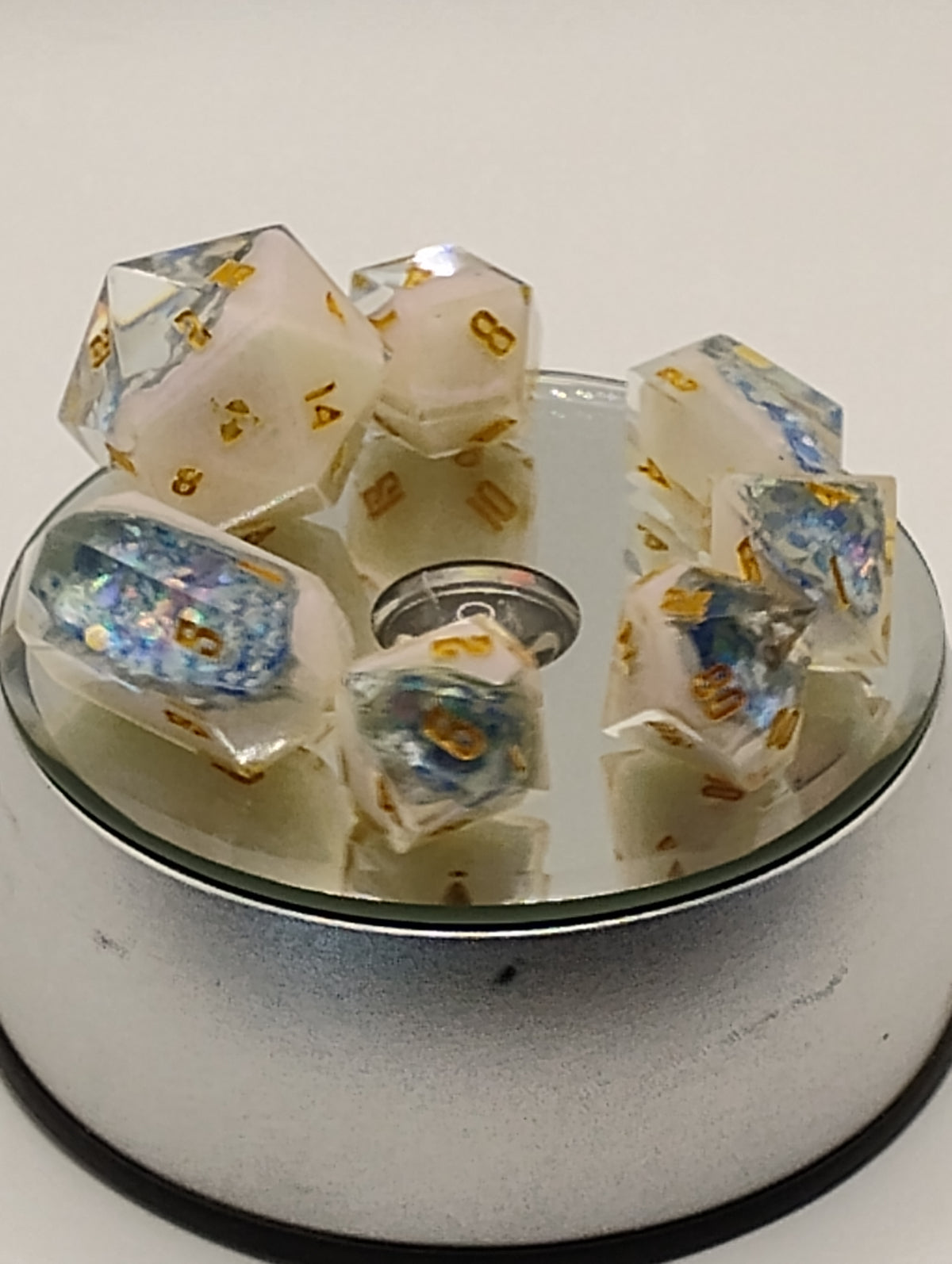 Frozen Geodes | Luxury White & Blue Handmade Geode D&D Dice Set | Gold Ink TTRPG Dice | Artisan Dungeons & Dragons Dice