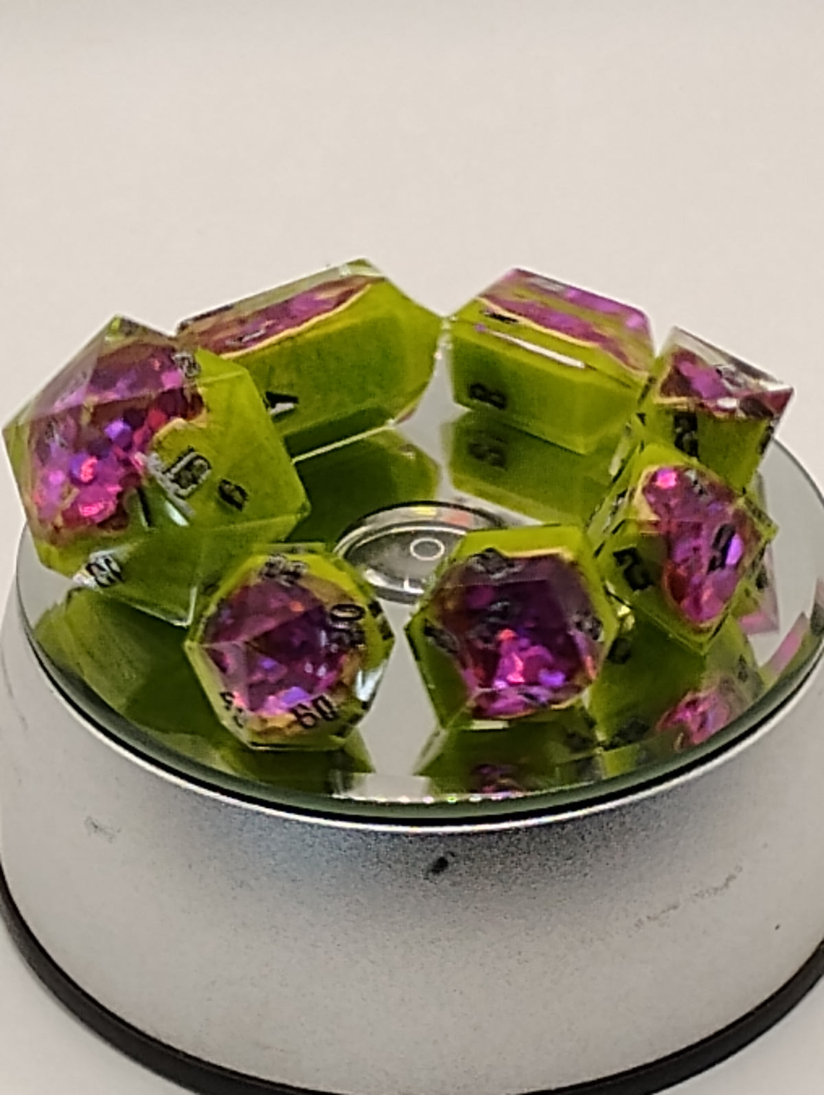Candy Apple Geodes | Handmade Green & Pink Geode D&D Dice Set | Black Ink TTRPG Dice | Luxury Artisan Dungeons & Dragons Dice
