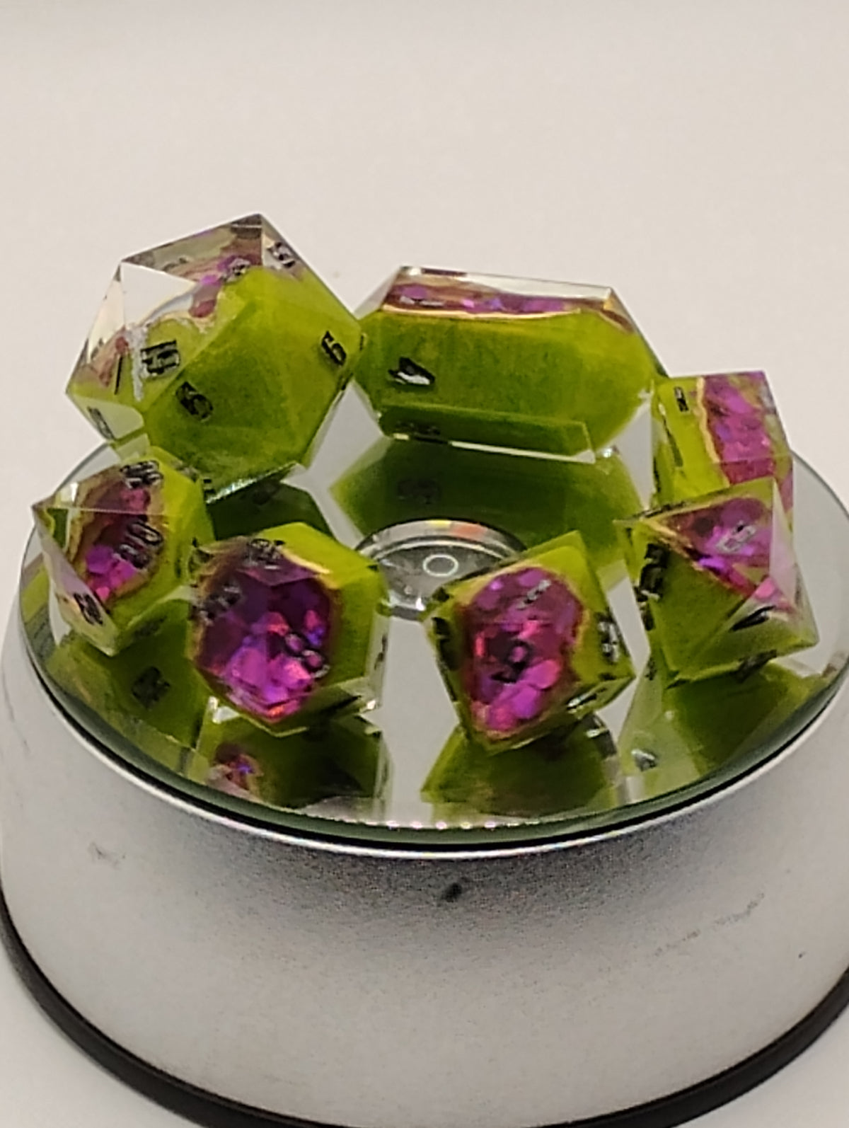 Candy Apple Geodes | Handmade Green & Pink Geode D&D Dice Set | Black Ink TTRPG Dice | Luxury Artisan Dungeons & Dragons Dice