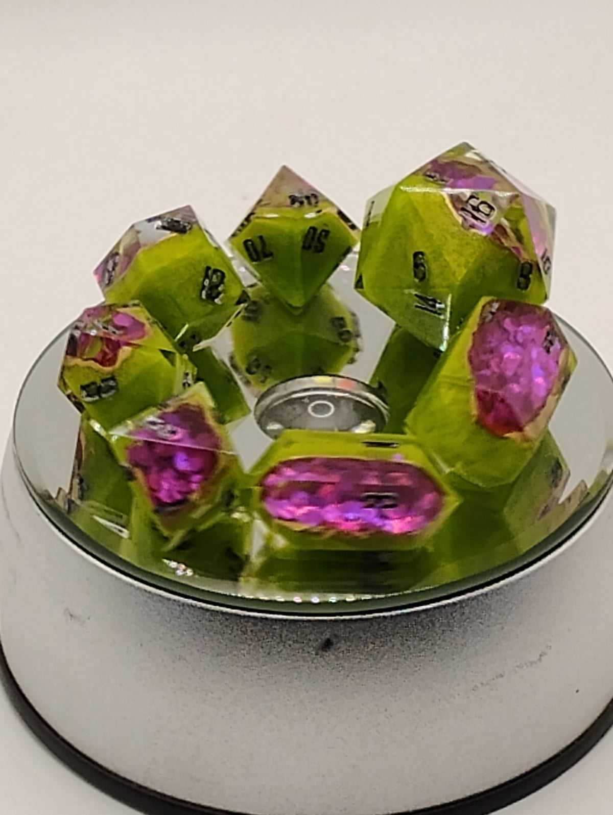 Candy Apple Geodes | Handmade Green & Pink Geode D&D Dice Set | Black Ink TTRPG Dice | Luxury Artisan Dungeons & Dragons Dice