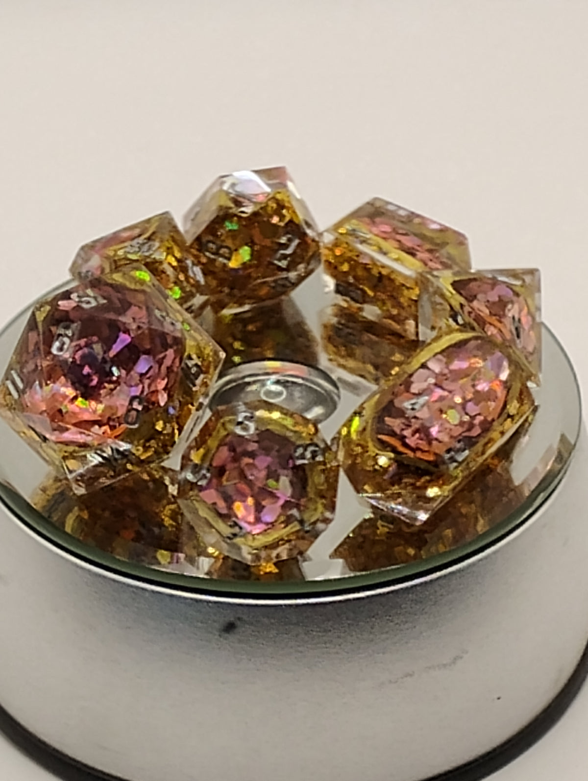 2 Carat + 100 pts. Watermelon Moissanite Geodes | Handmade Gold & Pink D&D Dice Set | Silver Ink TTRPG Dice