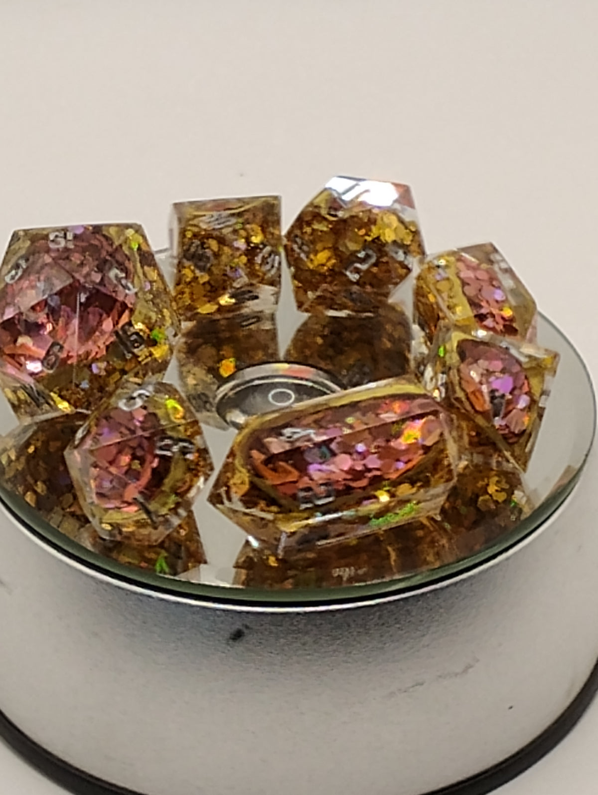 2 Carat + 100 pts. Watermelon Moissanite Geodes | Handmade Gold & Pink D&D Dice Set | Silver Ink TTRPG Dice
