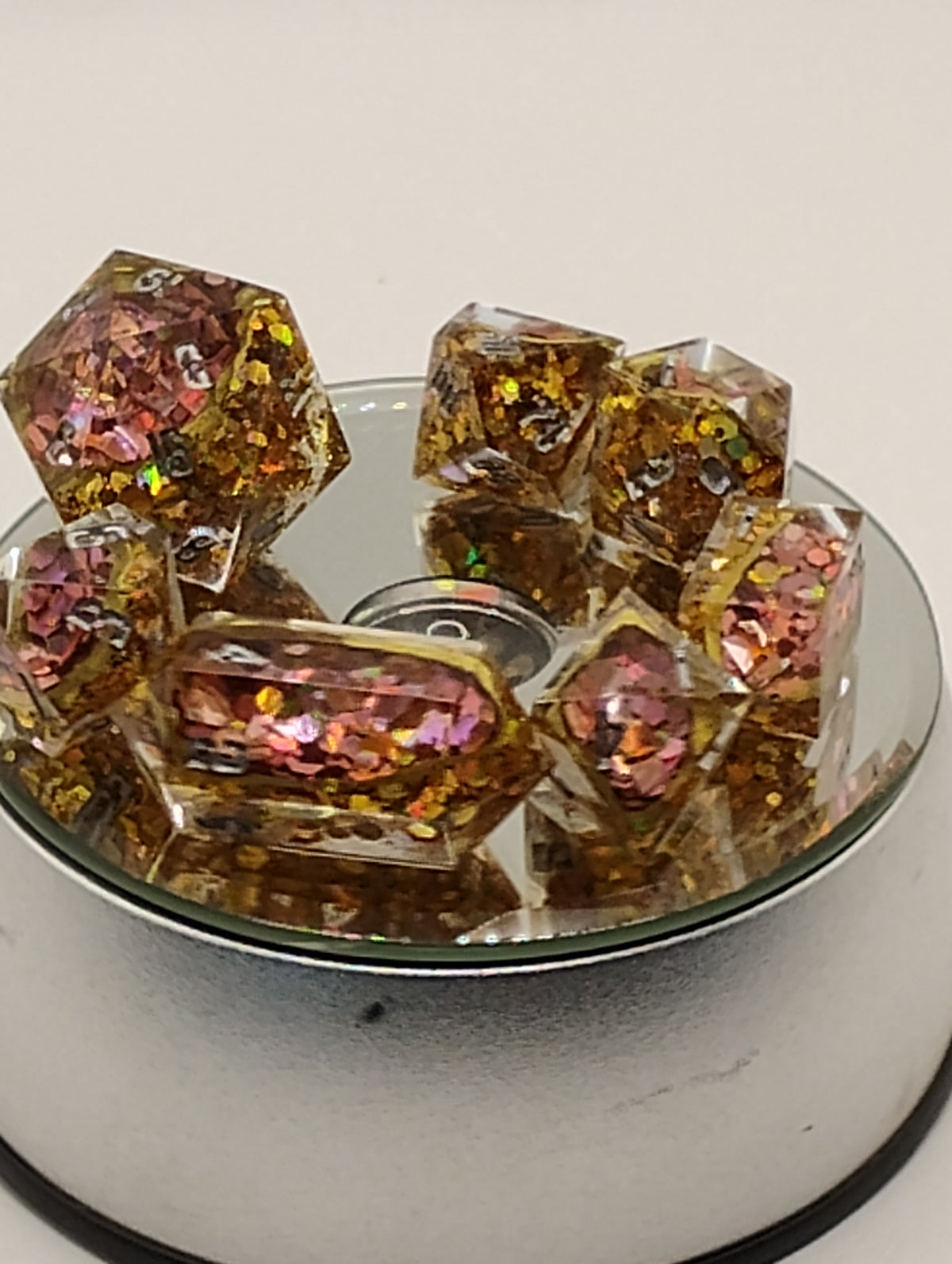 2 Carat + 100 pts. Watermelon Moissanite Geodes | Handmade Gold & Pink D&D Dice Set | Silver Ink TTRPG Dice