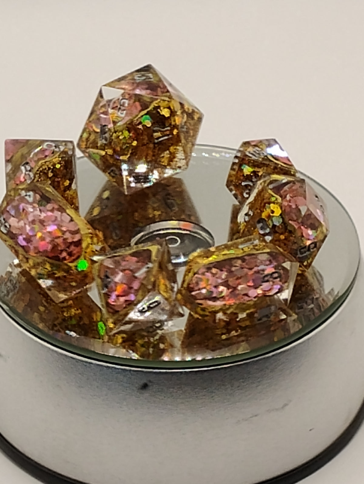 2 Carat + 100 pts. Watermelon Moissanite Geodes | Handmade Gold & Pink D&D Dice Set | Silver Ink TTRPG Dice