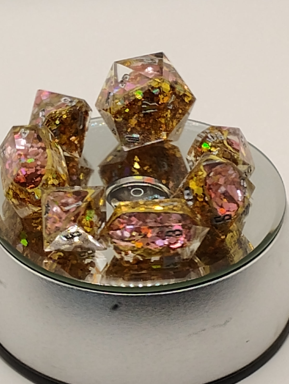 2 Carat + 100 pts. Watermelon Moissanite Geodes | Handmade Gold & Pink D&D Dice Set | Silver Ink TTRPG Dice