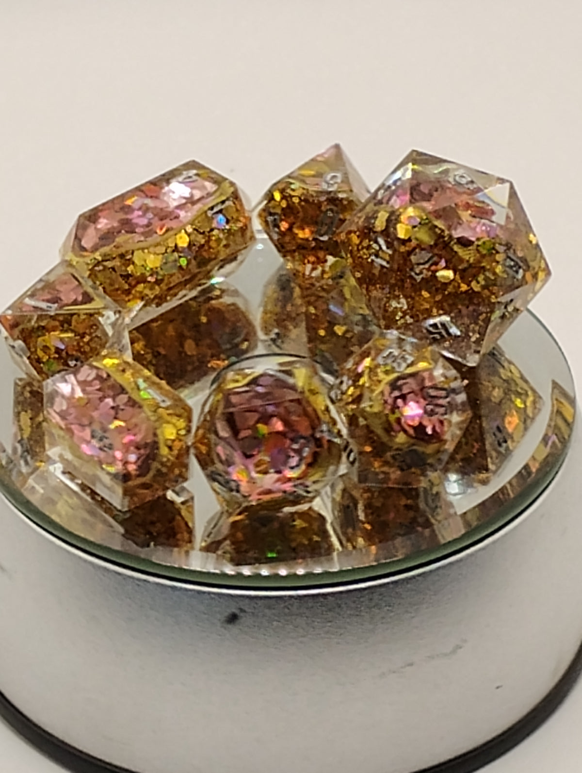 2 Carat + 100 pts. Watermelon Moissanite Geodes | Handmade Gold & Pink D&D Dice Set | Silver Ink TTRPG Dice