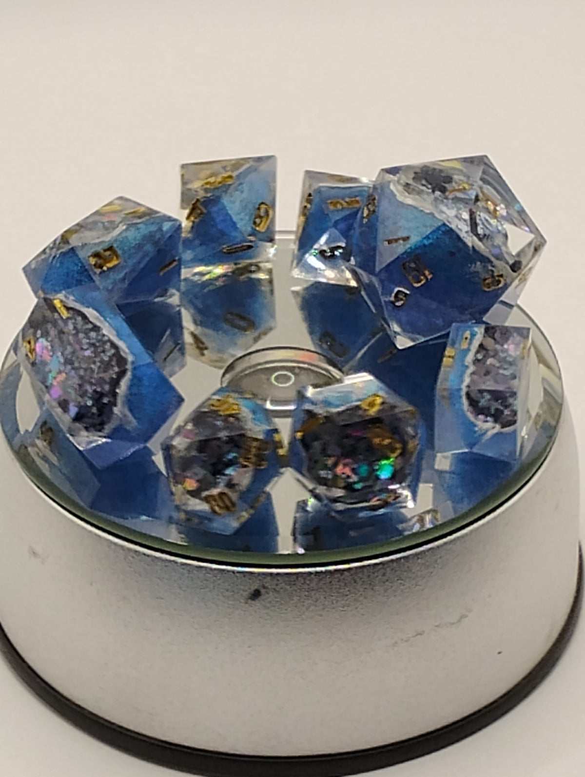 2 Carat + 100pts Ice Blue Moissanite Geode | Handmade Blue & Silver D&D Dice Set | Gold Ink TTRPG Dice