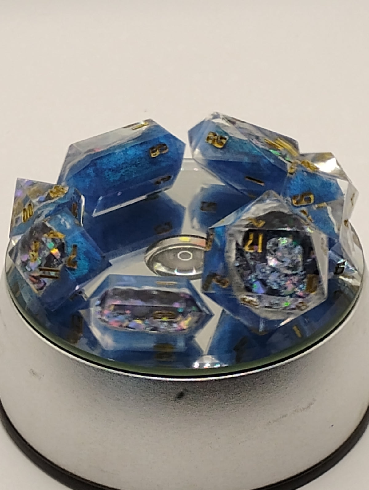 2 Carat + 100pts Ice Blue Moissanite Geode | Handmade Blue & Silver D&D Dice Set | Gold Ink TTRPG Dice