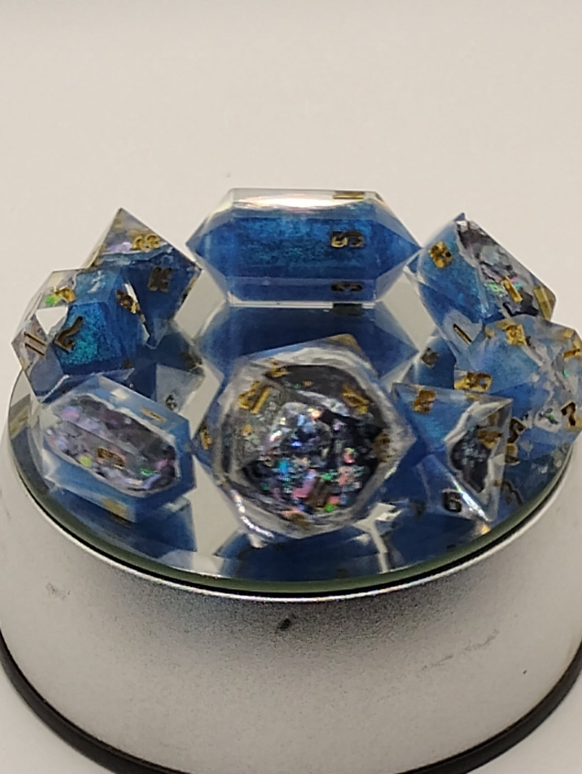 2 Carat + 100pts Ice Blue Moissanite Geode | Handmade Blue & Silver D&D Dice Set | Gold Ink TTRPG Dice