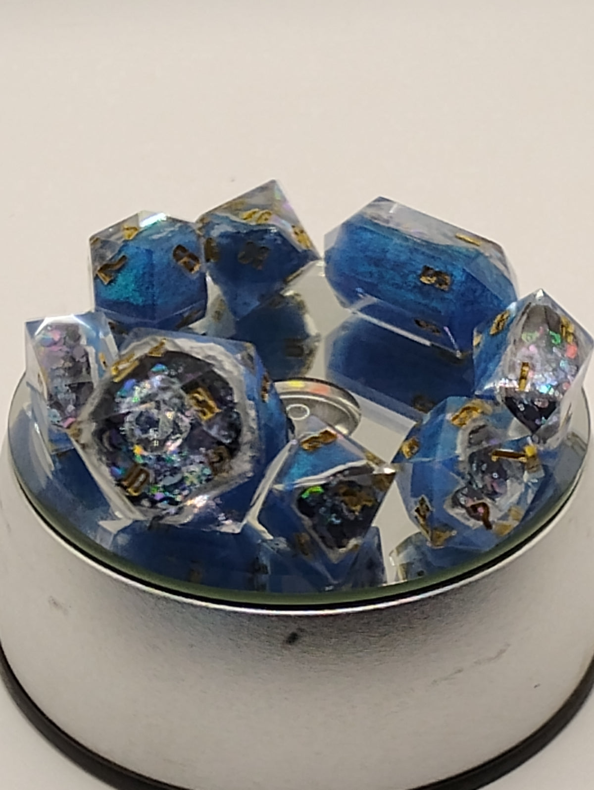 2 Carat + 100pts Ice Blue Moissanite Geode | Handmade Blue & Silver D&D Dice Set | Gold Ink TTRPG Dice