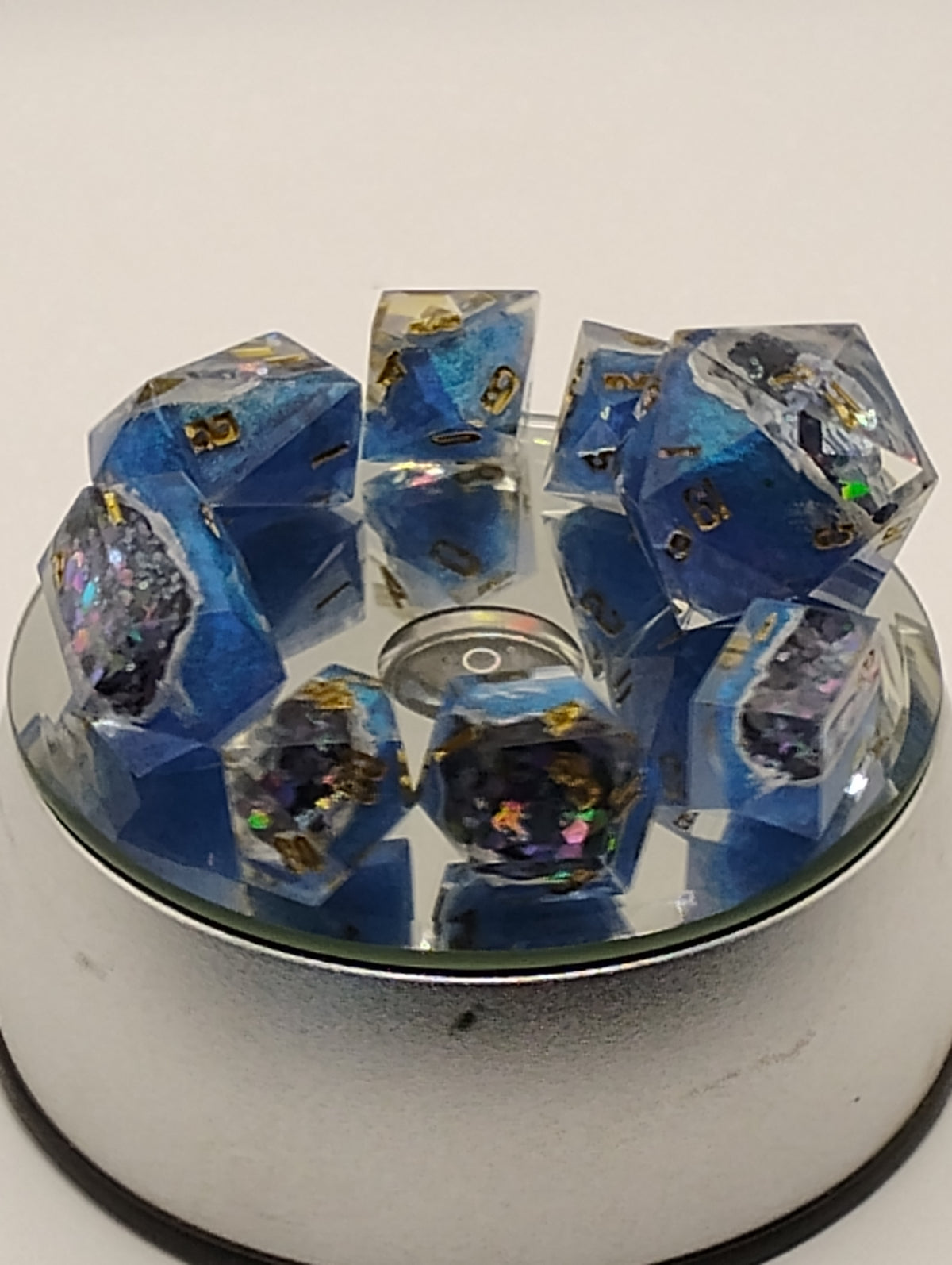 2 Carat + 100pts Ice Blue Moissanite Geode | Handmade Blue & Silver D&D Dice Set | Gold Ink TTRPG Dice
