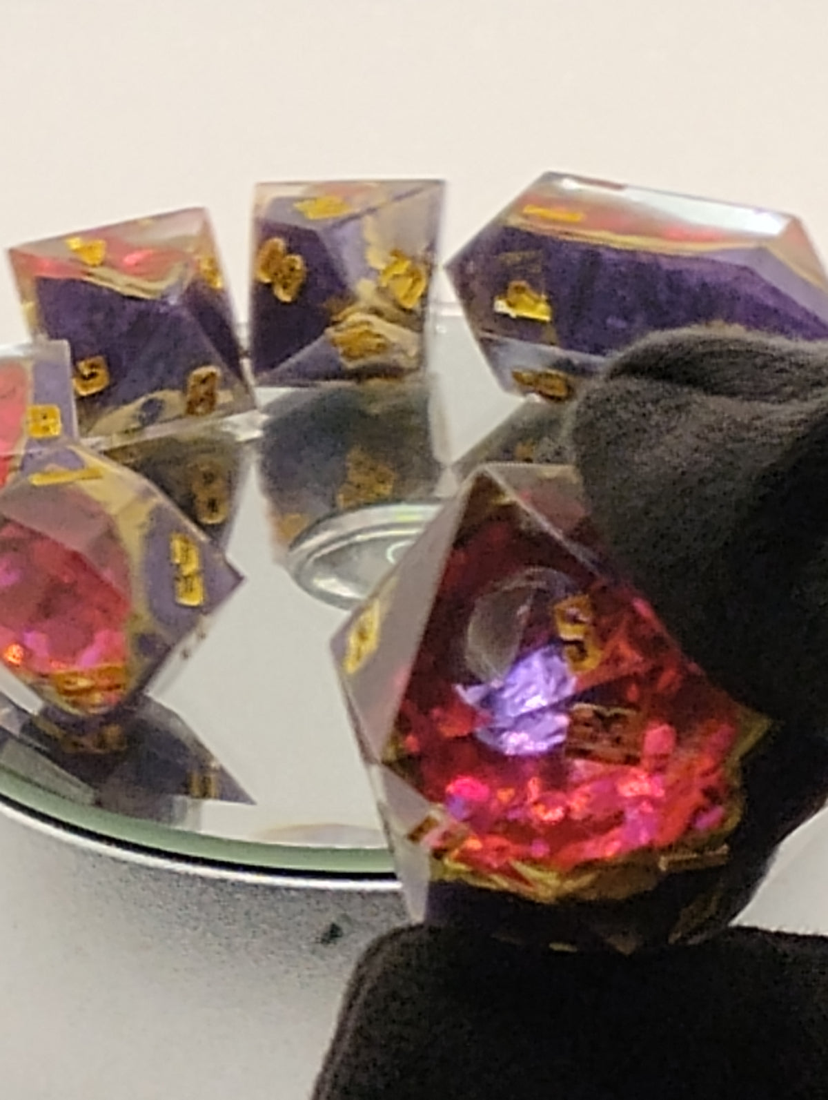 2 Carat Amethyst Geodes | Handmade Purple & Pink Geode D&D Dice Set | Gold Ink TTRPG Dice | Luxury Artisan Dice