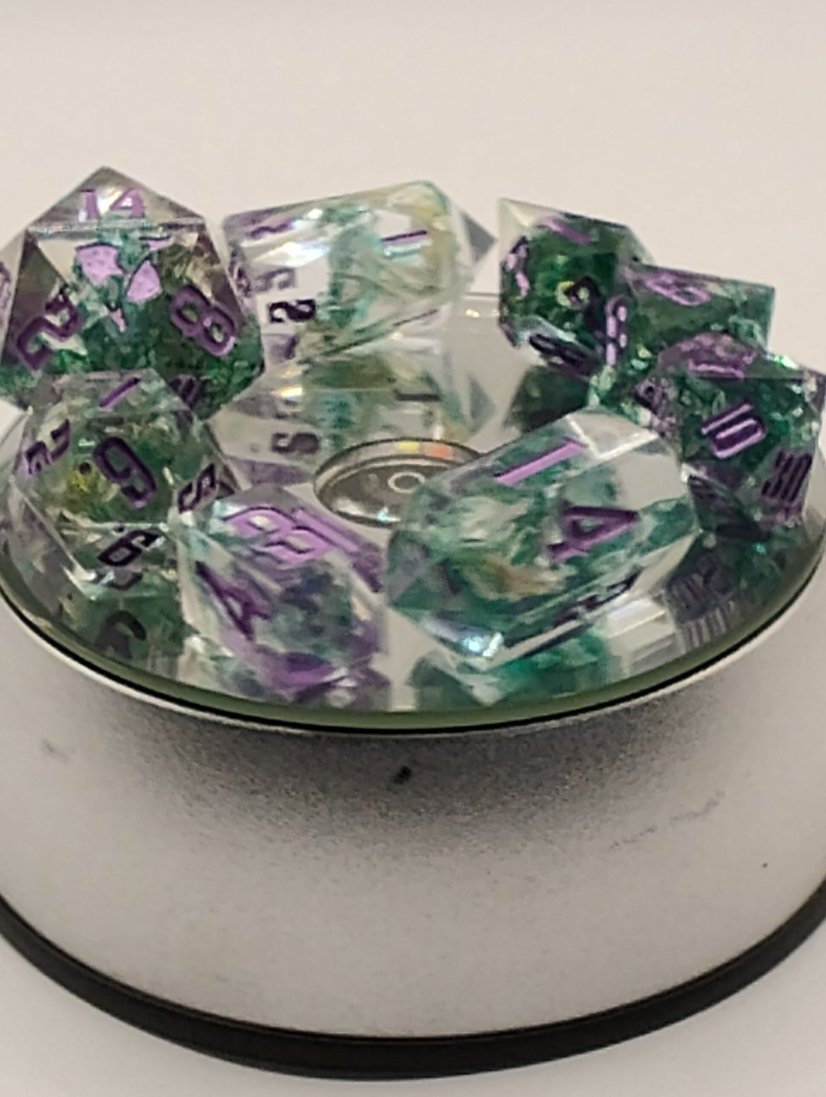 Snake Skin | Handmade Clear & Green D&D Dice Set | Purple Ink TTRPG Dice | Luxury Artisan Polyhedral Dice