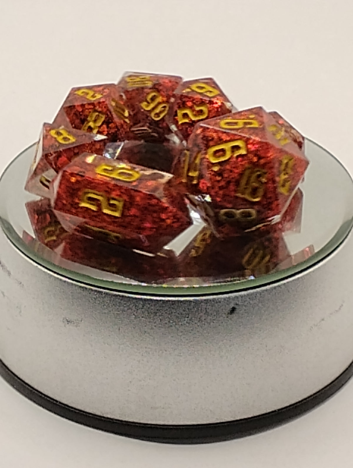 Ruby Slippers | Handmade Sparkly Red D&D Dice Set | Gold Ink TTRPG Dice | Luxury Glitter Artisan RPG Dice