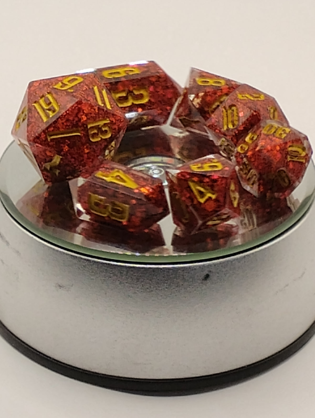 Ruby Slippers | Handmade Sparkly Red D&D Dice Set | Gold Ink TTRPG Dice | Luxury Glitter Artisan RPG Dice