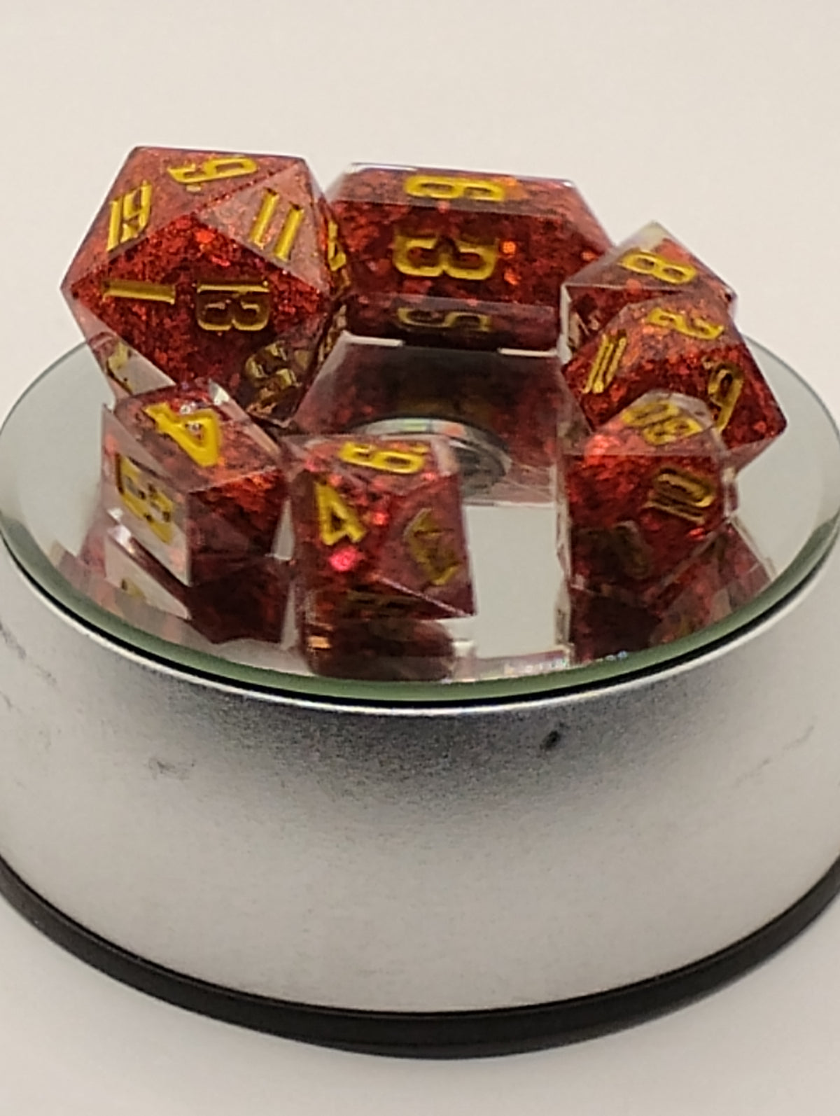 Ruby Slippers | Handmade Sparkly Red D&D Dice Set | Gold Ink TTRPG Dice | Luxury Glitter Artisan RPG Dice