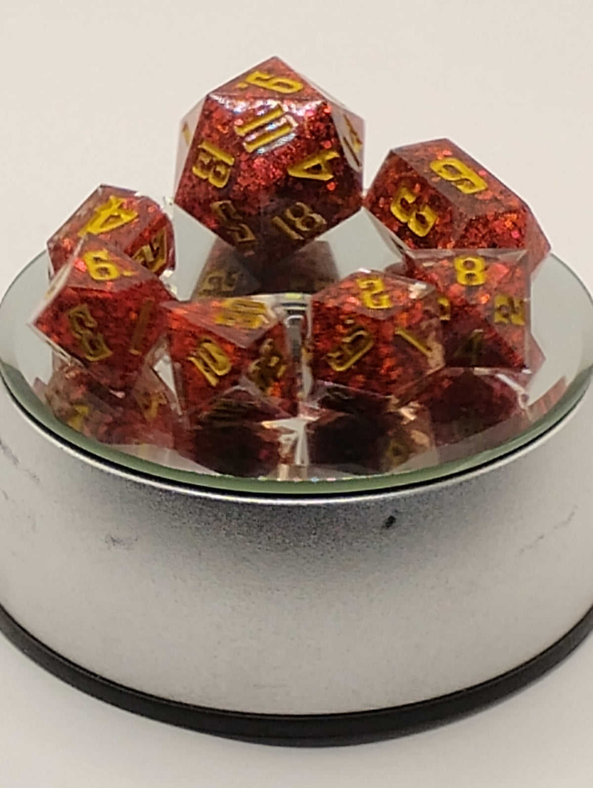 Ruby Slippers | Handmade Sparkly Red D&D Dice Set | Gold Ink TTRPG Dice | Luxury Glitter Artisan RPG Dice