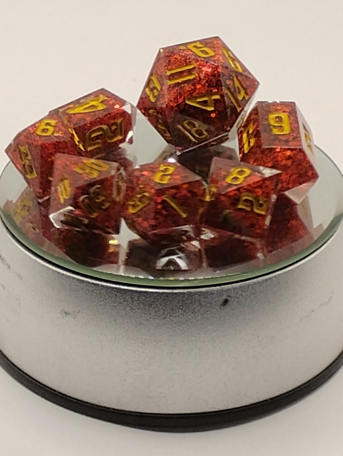 Ruby Slippers | Handmade Sparkly Red D&D Dice Set | Gold Ink TTRPG Dice | Luxury Glitter Artisan RPG Dice