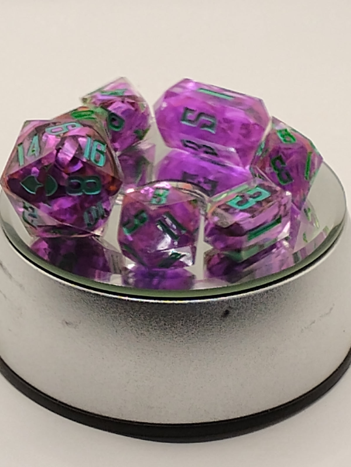 Purple Reign | Handmade Purple & Orange D&D Dice Set | Blue Ink TTRPG Dice | Luxury Artisan Polyhedral RPG Dice