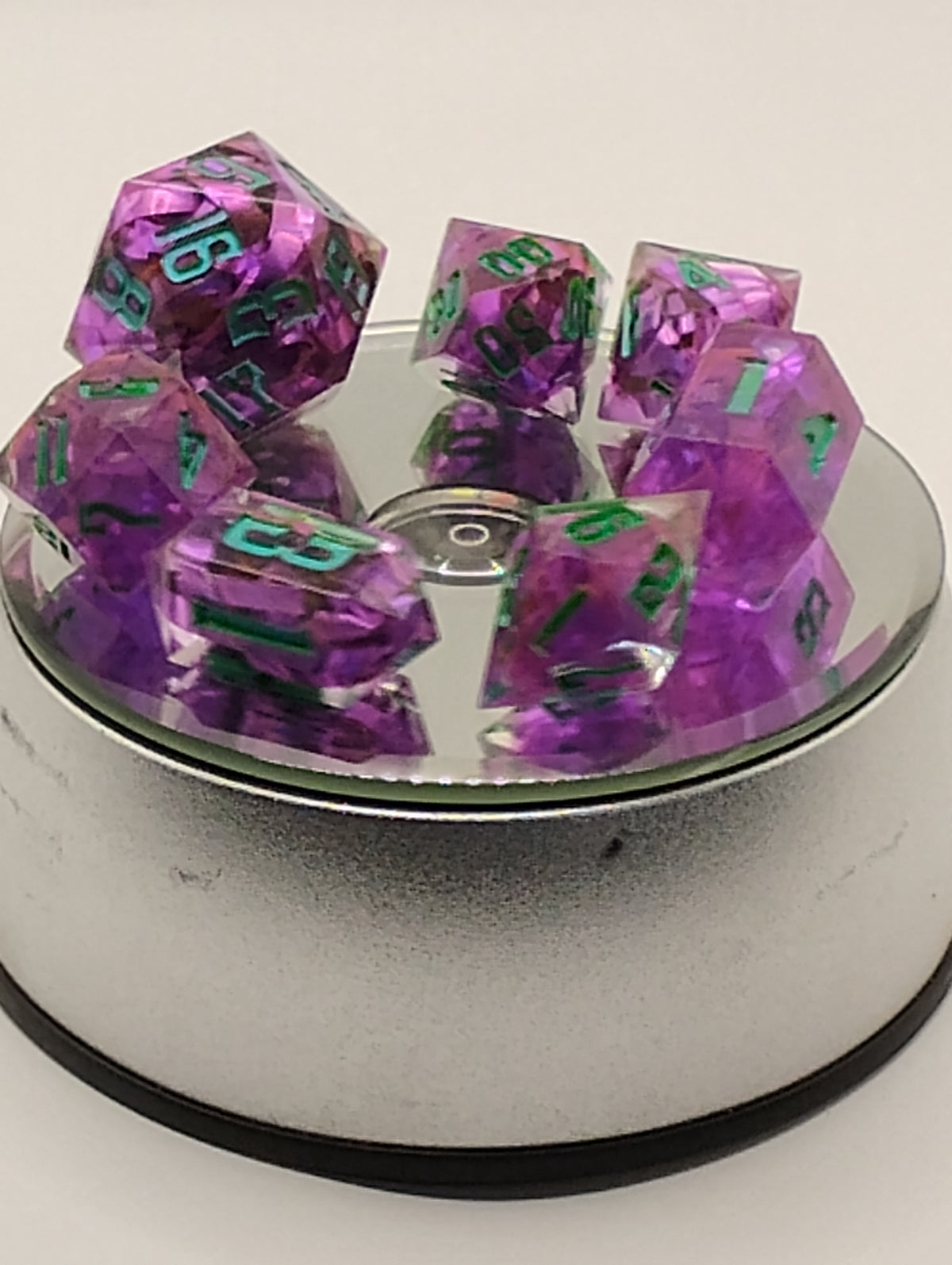 Purple Reign | Handmade Purple & Orange D&D Dice Set | Blue Ink TTRPG Dice | Luxury Artisan Polyhedral RPG Dice