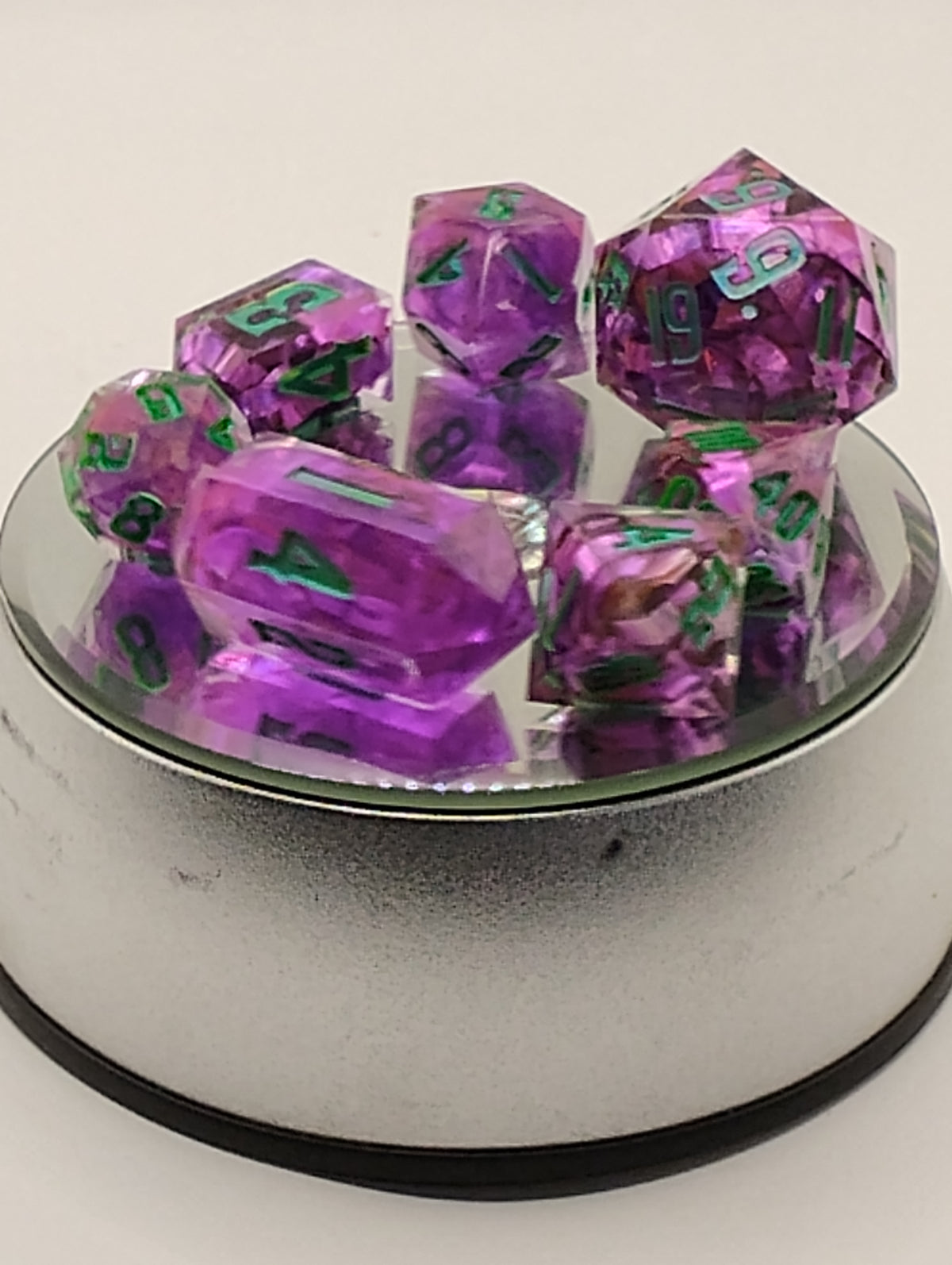 Purple Reign | Handmade Purple & Orange D&D Dice Set | Blue Ink TTRPG Dice | Luxury Artisan Polyhedral RPG Dice
