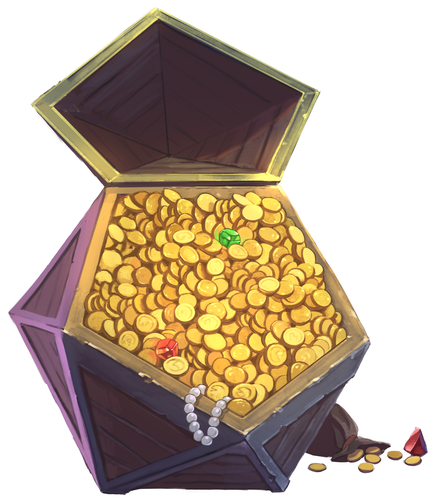Open treasure chest filled with gold coins on a white background