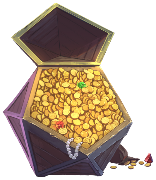 Open treasure chest filled with gold coins on a white background