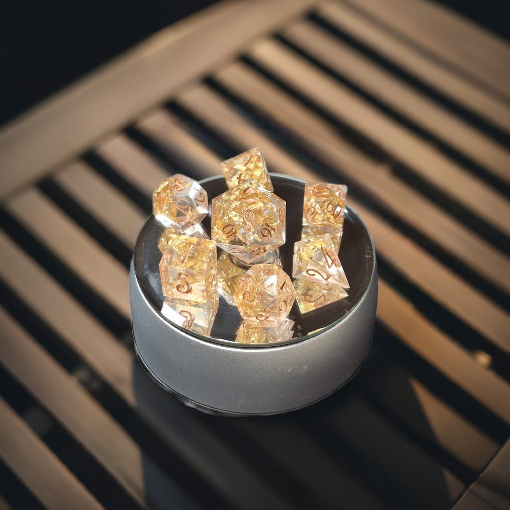 Crystal Gold Set of 7 Dice Dnd Dice TTRPG Dice Set Tabletop Gaming Dungeons and Dragons Pathfinder Hand Made Sharp Sided Dice